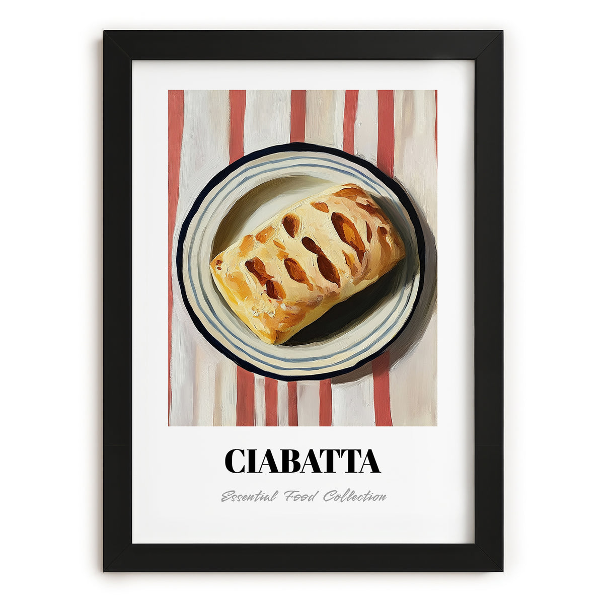 Ciabatta – on Striped Tablecloth, Italian Pastry Painting, in sleek black frame