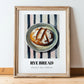 Rye Bread – on Striped Tablecloth, German Food Illustration, in wooden frame leaning on the floor