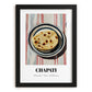 Chapati – on Striped Tablecloth, Indian Food Wall Decor, in sleek black frame