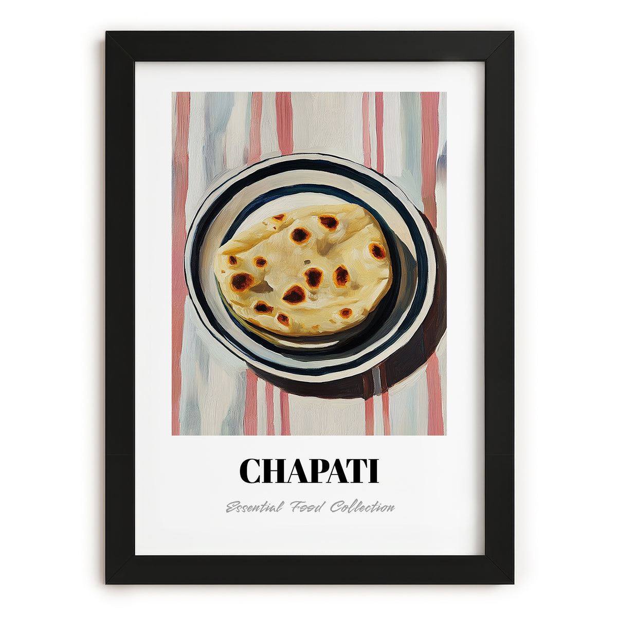 Chapati – on Striped Tablecloth, Indian Food Wall Decor, in sleek black frame