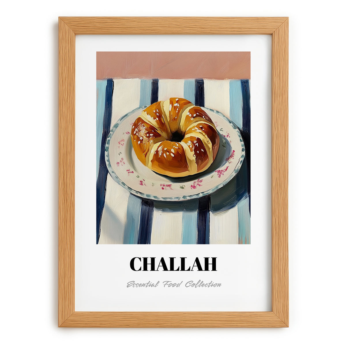 Challah – on Striped Tablecloth, Jewish Food Poster, set in oak frame