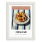Challah – on Striped Tablecloth, Jewish Food Poster, placed in minimal white frame