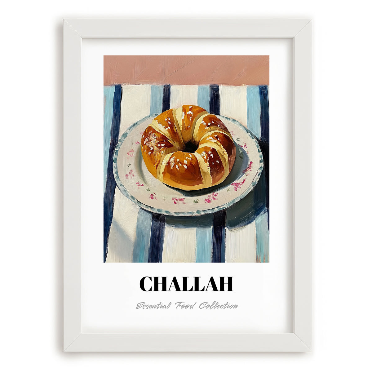Challah – on Striped Tablecloth, Jewish Food Poster, placed in minimal white frame