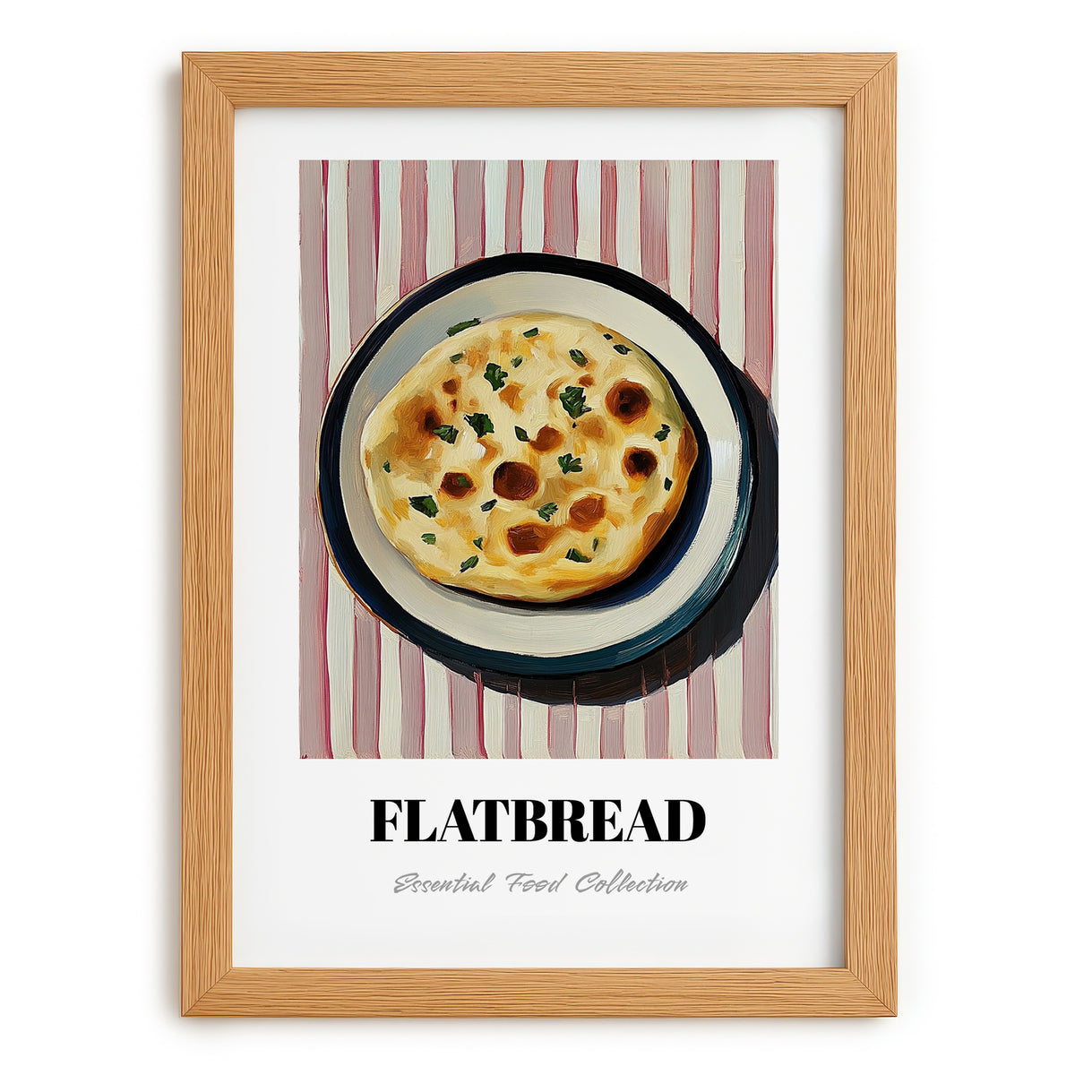 Flatbread – on Striped Tablecloth, Middle Food Wall Art, set in oak frame