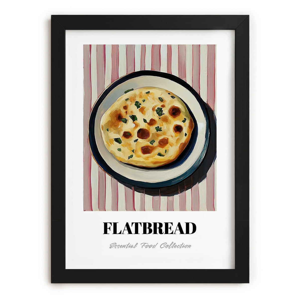 Flatbread – on Striped Tablecloth, Middle Food Wall Art, in sleek black frame