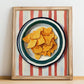 Tortilla Chips – on Striped Tablecloth, Mexican Food Illustration, no-text version framed in wood