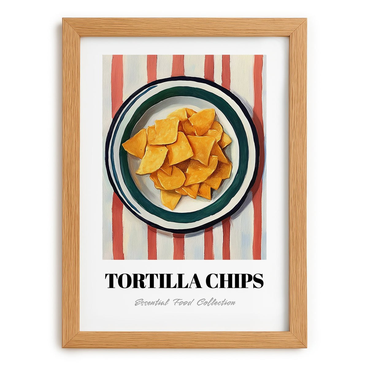 Tortilla Chips – on Striped Tablecloth, Mexican Food Illustration, set in oak frame