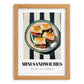 Mini Sandwiches – on Striped Tablecloth, British Food Wall Art, set in oak frame