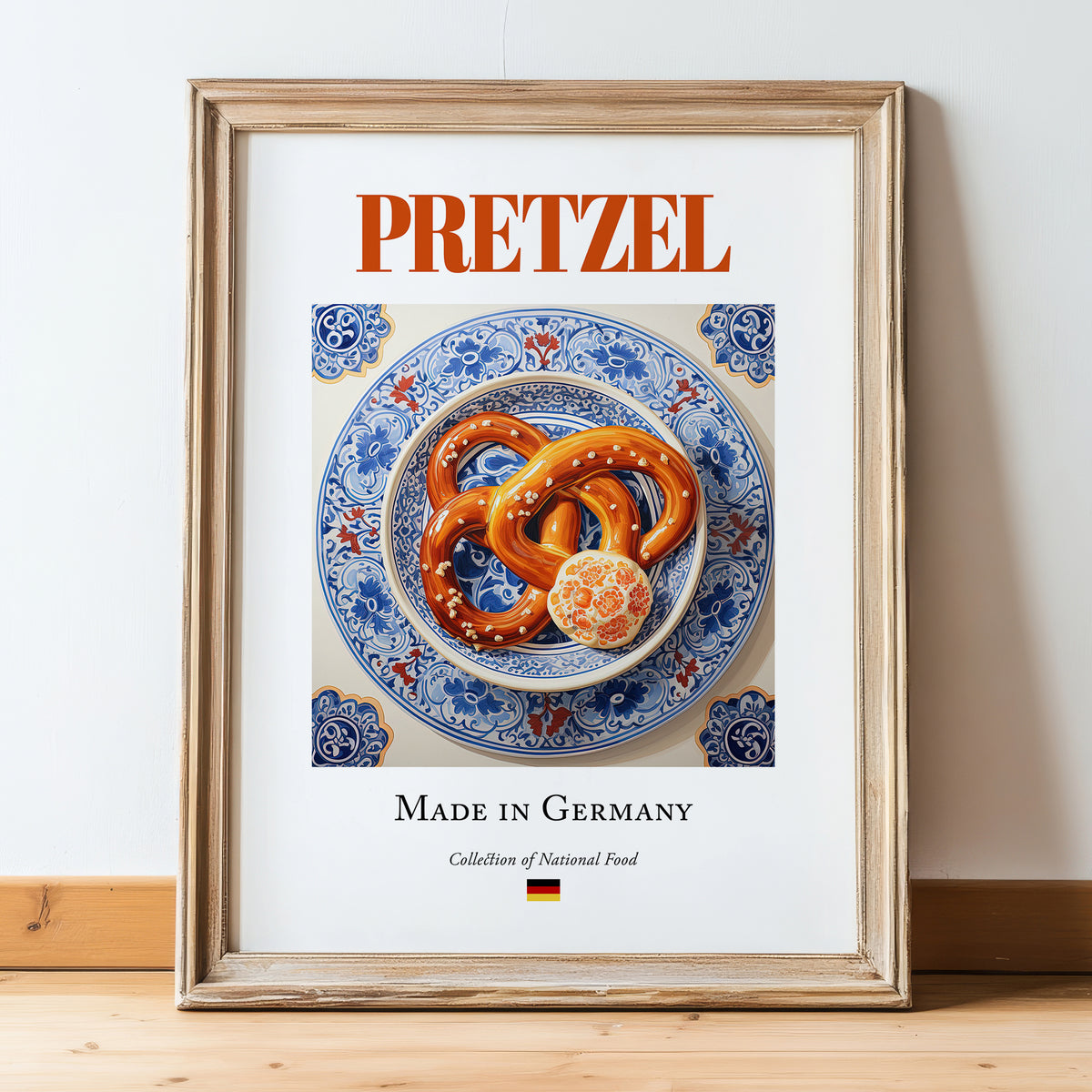 Pretzel – German Bread Dish, Café Wall Decor, in wooden frame leaning on the floor