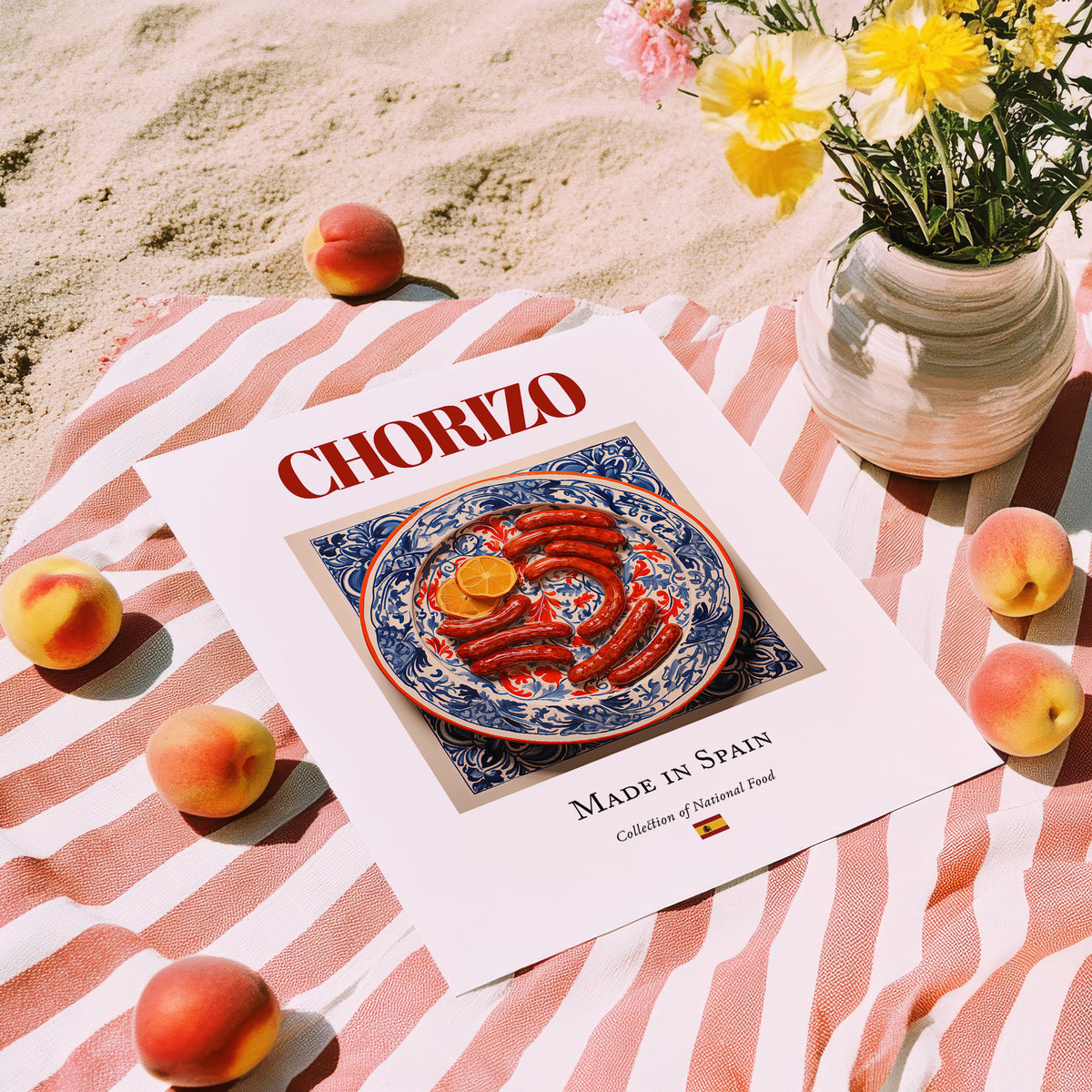 Chorizo – Spanish Meat Dish, Restaurant Poster, unframed on coastal sand