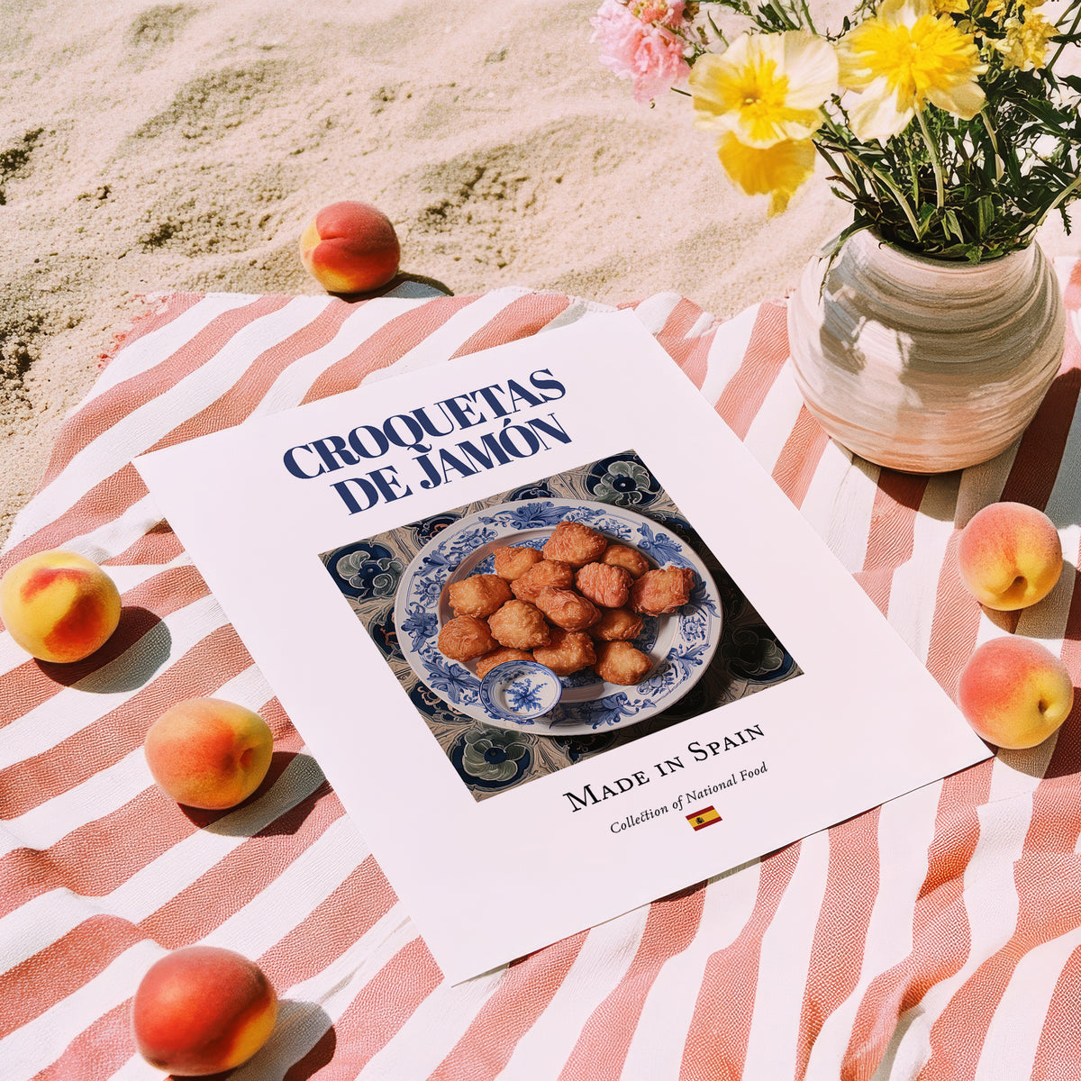 Croquetas de Jamón – Spanish Snack Dish, Tavern Illustration, unframed on coastal sand
