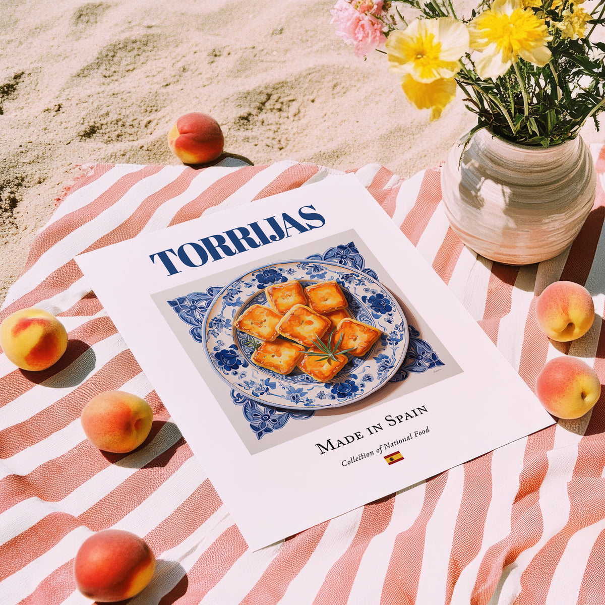 Torrijas – Spanish Dessert Dish, Fine Dining Restaurant Wall Art, unframed on coastal sand