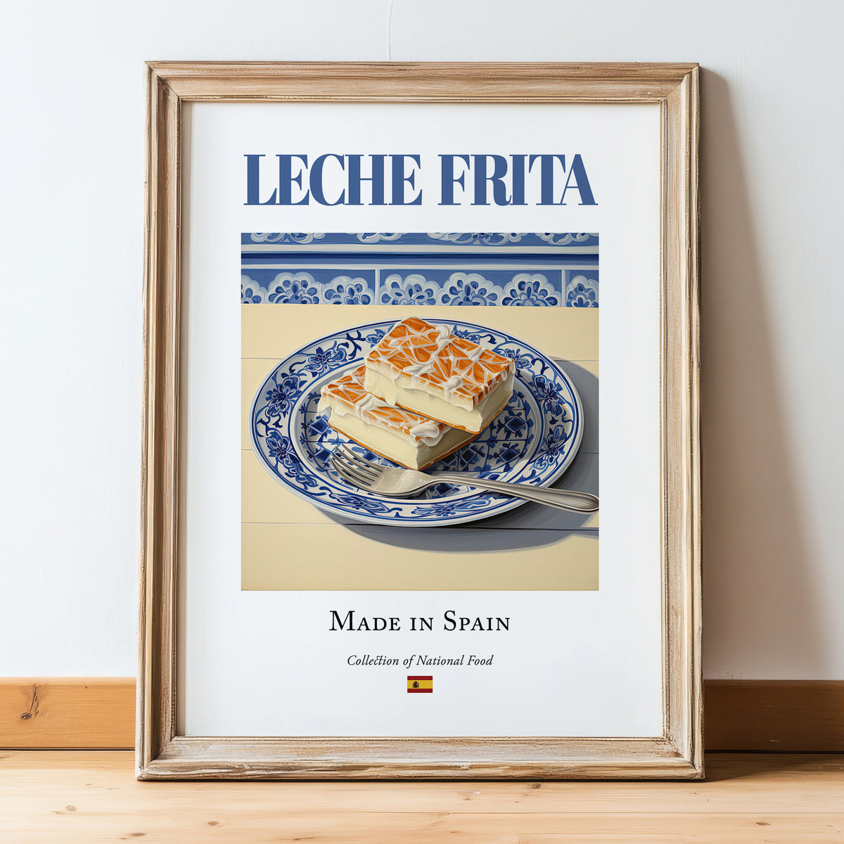 Leche frita – Spanish Dessert Dish, Farmhouse Kitchen Art, in wooden frame leaning on the floor