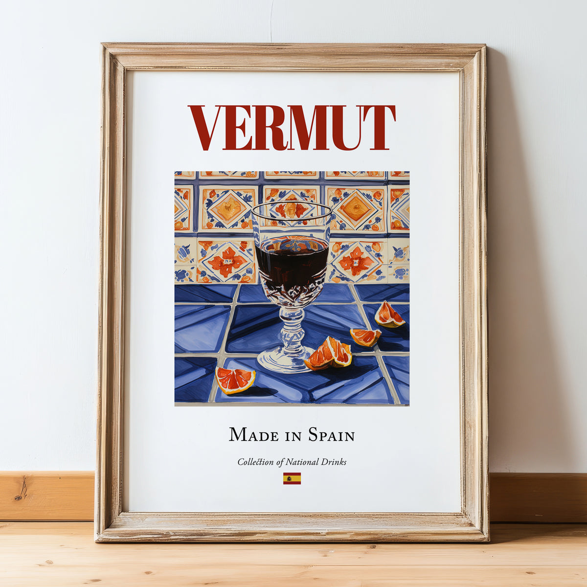 Vermut – Spanish Beverage Drink, Cocktail Lounge Poster, in wooden frame leaning on the floor
