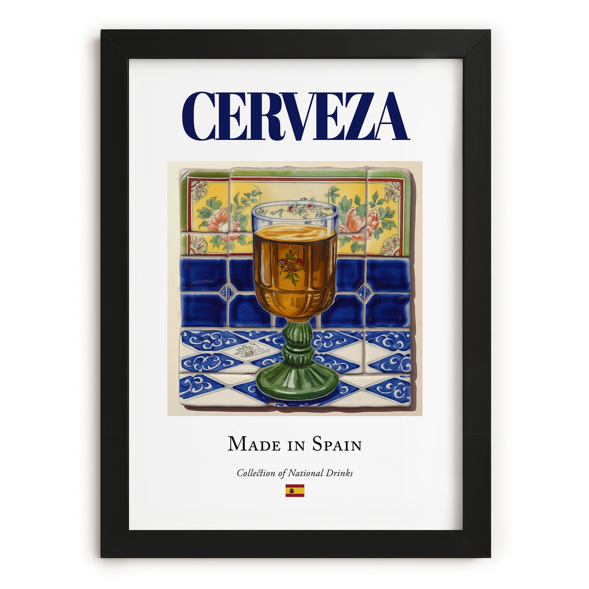 Cerveza – Spanish Beverage Drink, Rooftop Terrace Wall Art, in sleek black frame