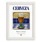 Cerveza – Spanish Beverage Drink, Rooftop Terrace Wall Art, placed in minimal white frame
