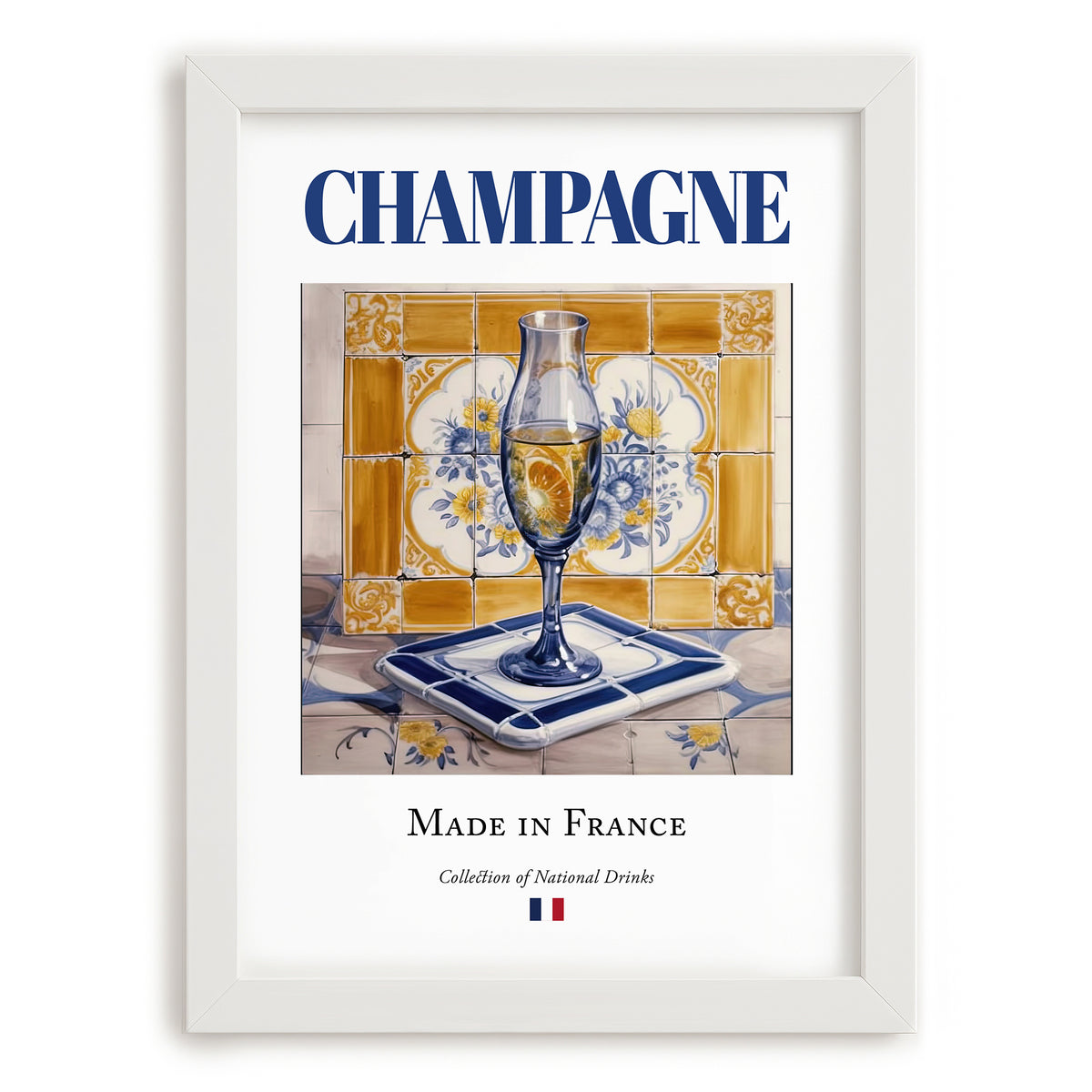 Champagne – French Sparkling Wine, Tasting Room Still Life, placed in minimal white frame