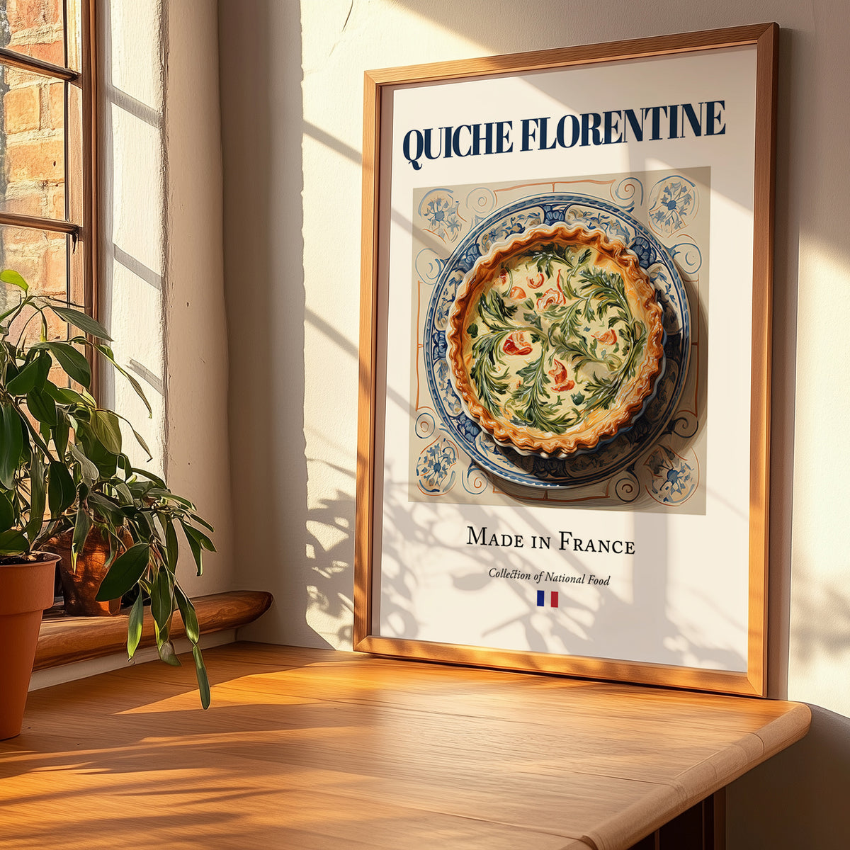 Quiche Florentine – French Dish, Tavern Still Life, no-text version framed in wood