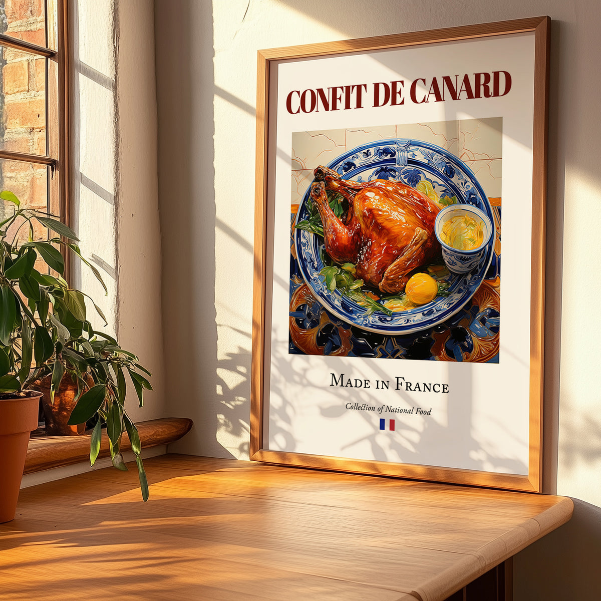 Confit de canard – French Meat Dish, Farmhouse Kitchen Wall Decor, no-text version framed in wood