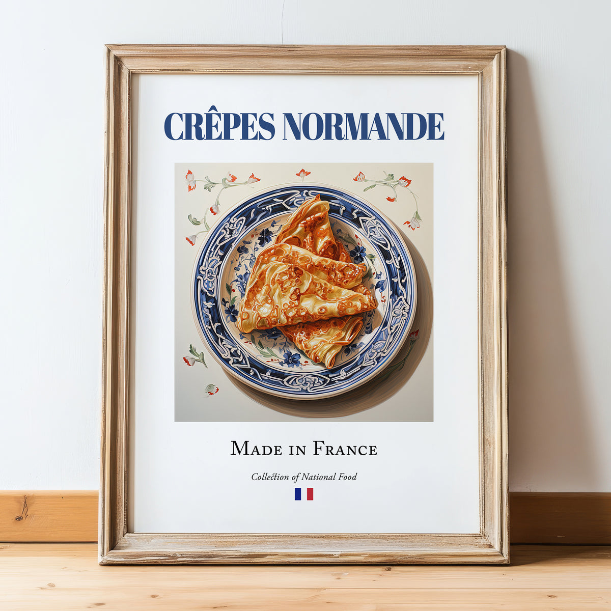 Crêpes Normande – French Dessert Dish, Tavern Poster, in wooden frame leaning on the floor