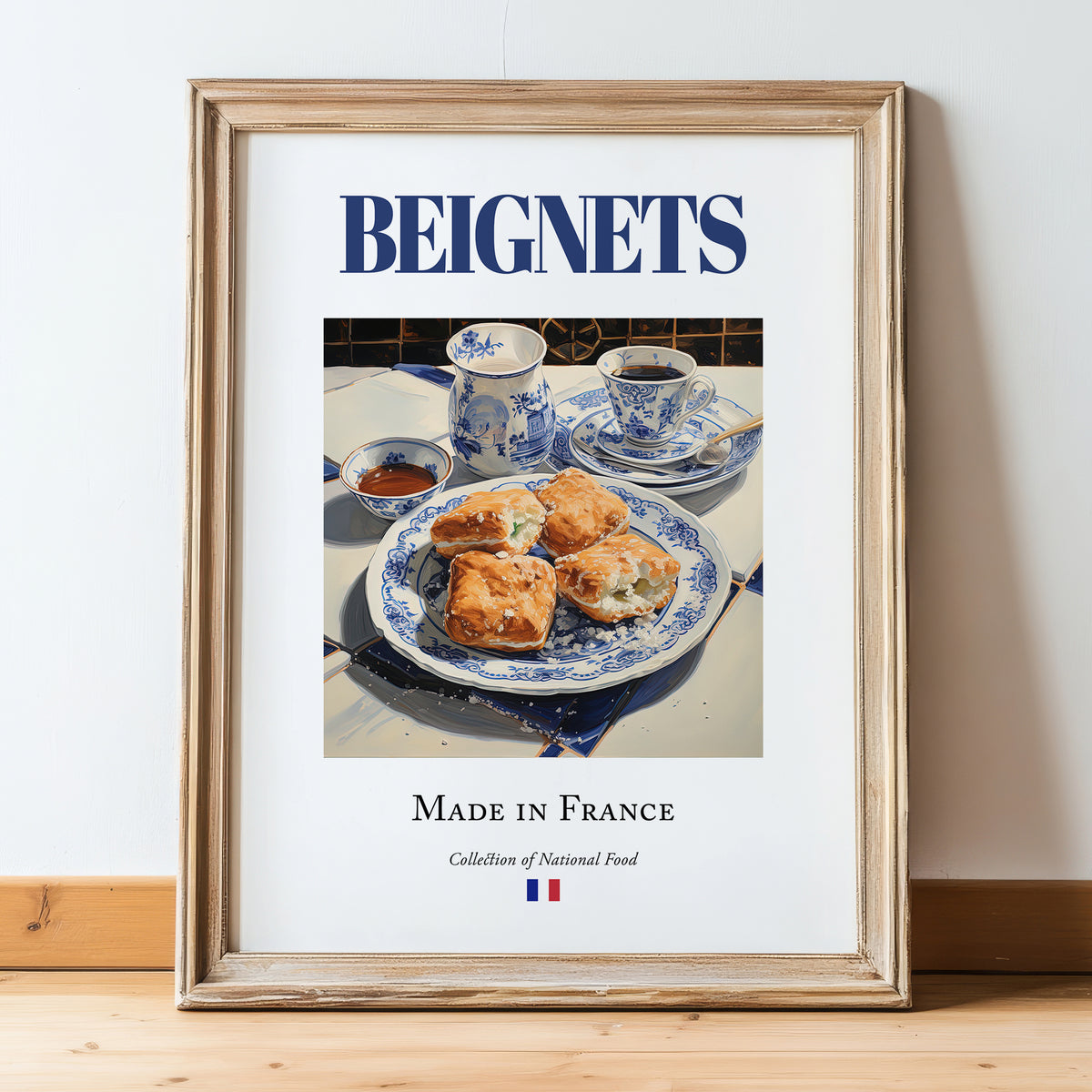 Beignets – French Dessert Dish, Brasserie Wall Art, in wooden frame leaning on the floor