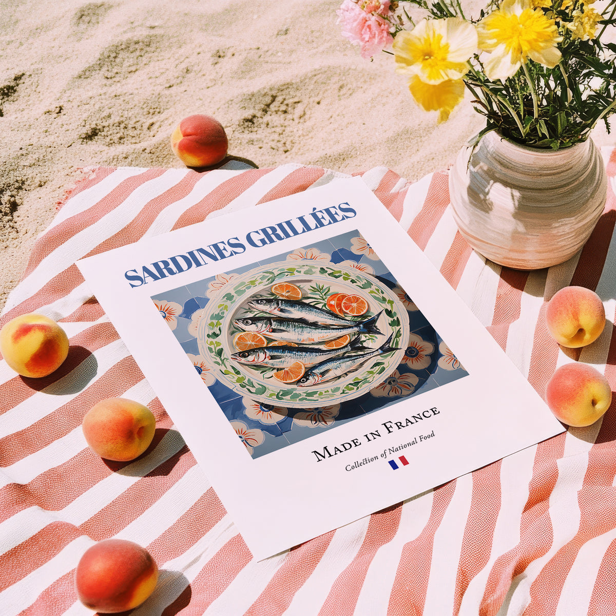 Sardines grillées – French Dish, Brasserie Poster, unframed on coastal sand