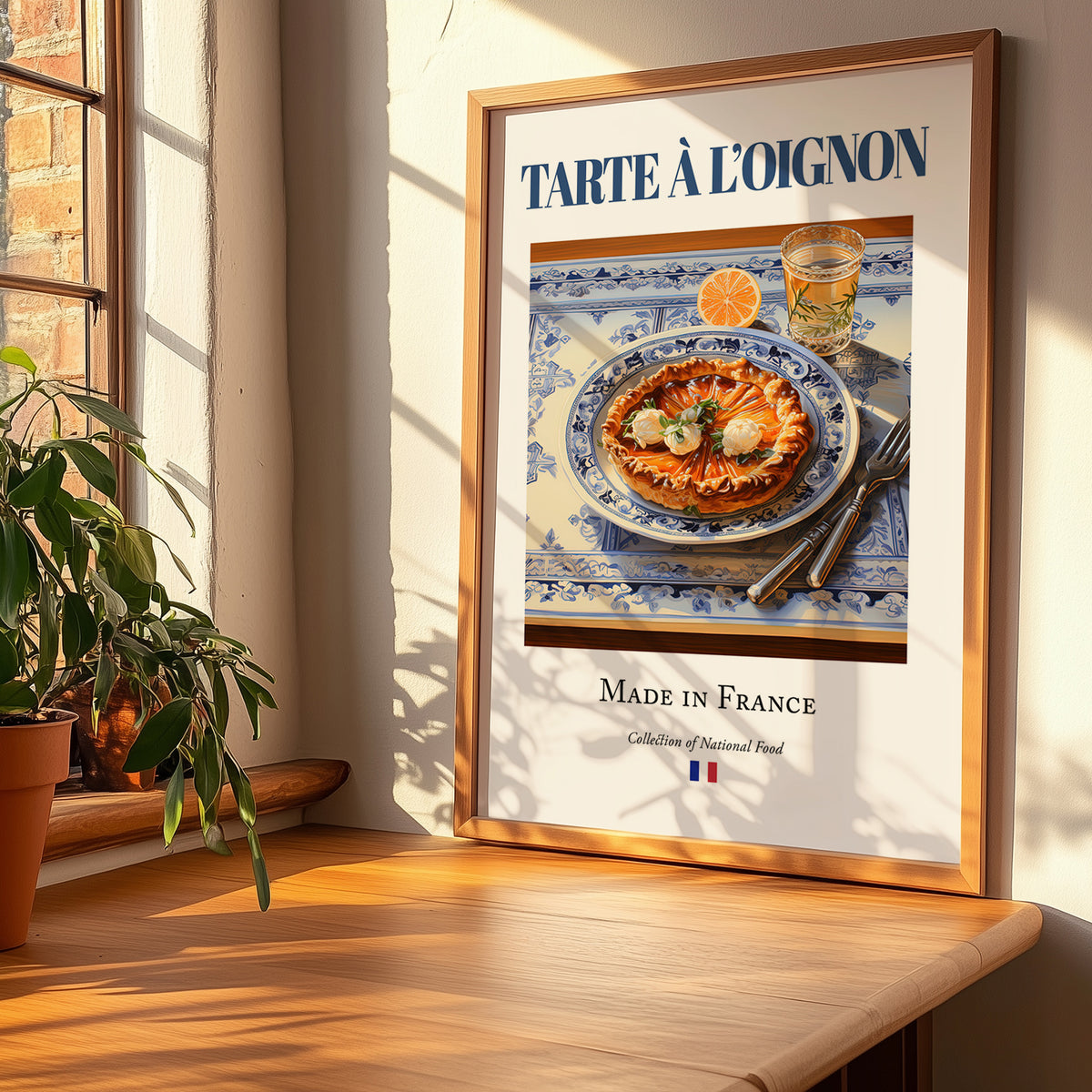 Tarte à l'oignon – French Dish, Fine Dining Restaurant Illustration, no-text version framed in wood