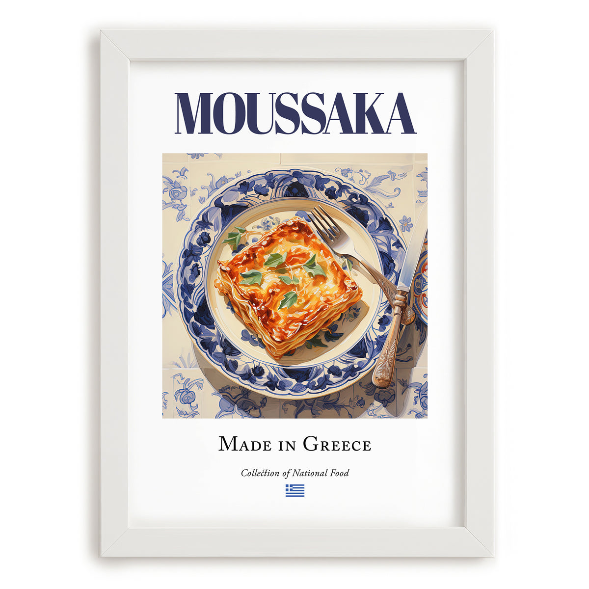 Moussaka – Greek Meat Dish, Restaurant Still Life, placed in minimal white frame