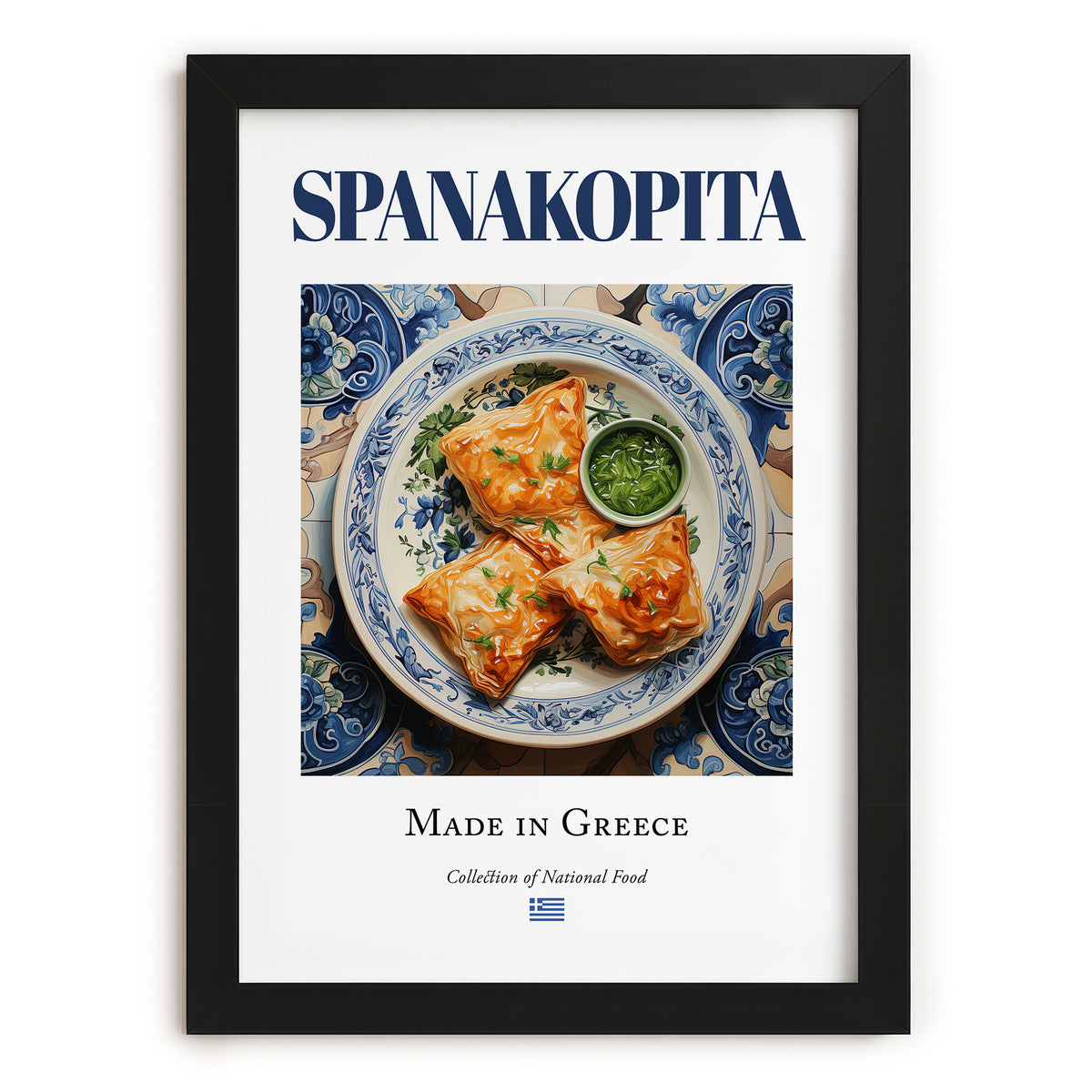 Spanakopita – Greek Dish, Restaurant Wall Decor, in sleek black frame