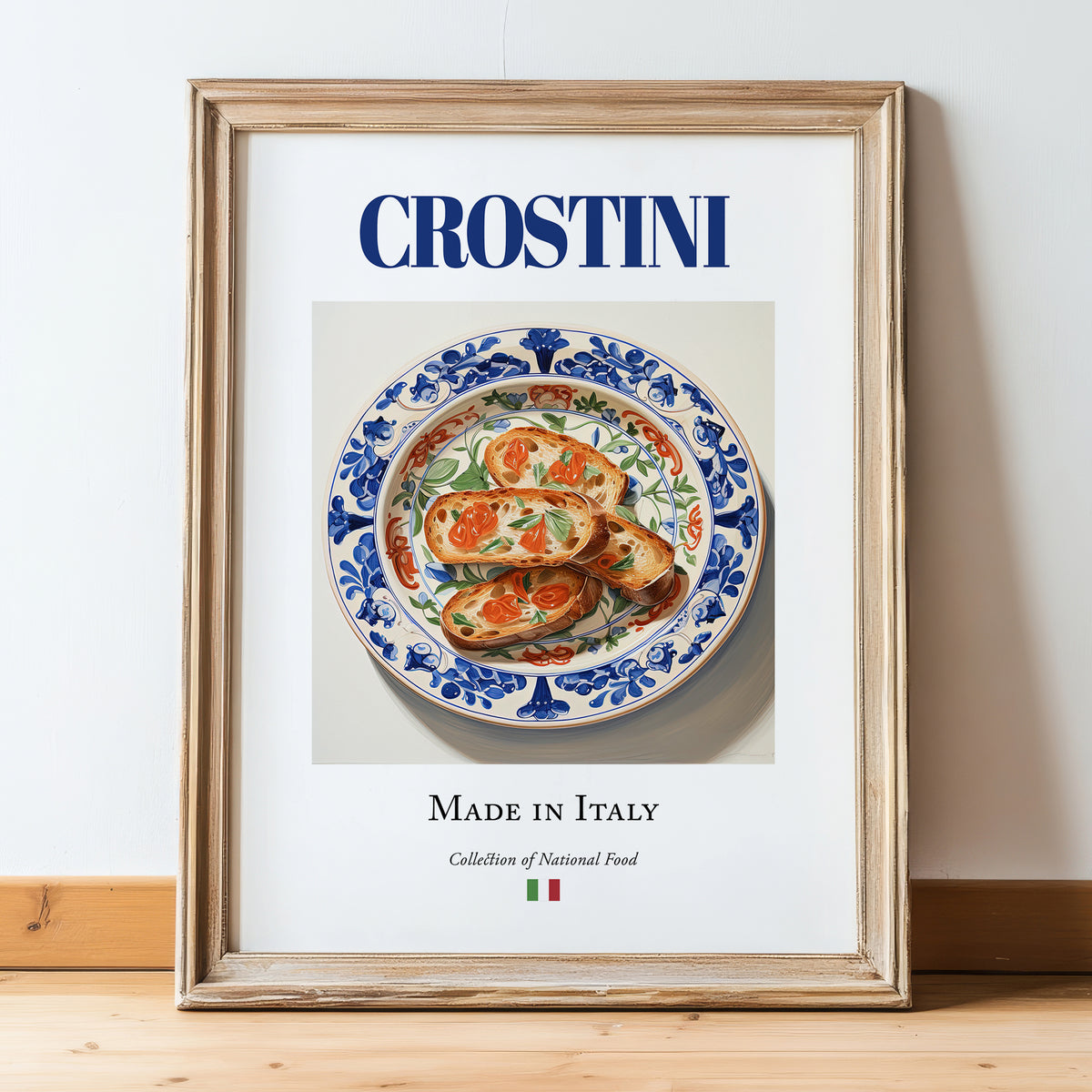 Crostini – Italian Dish, Café Poster, in wooden frame leaning on the floor
