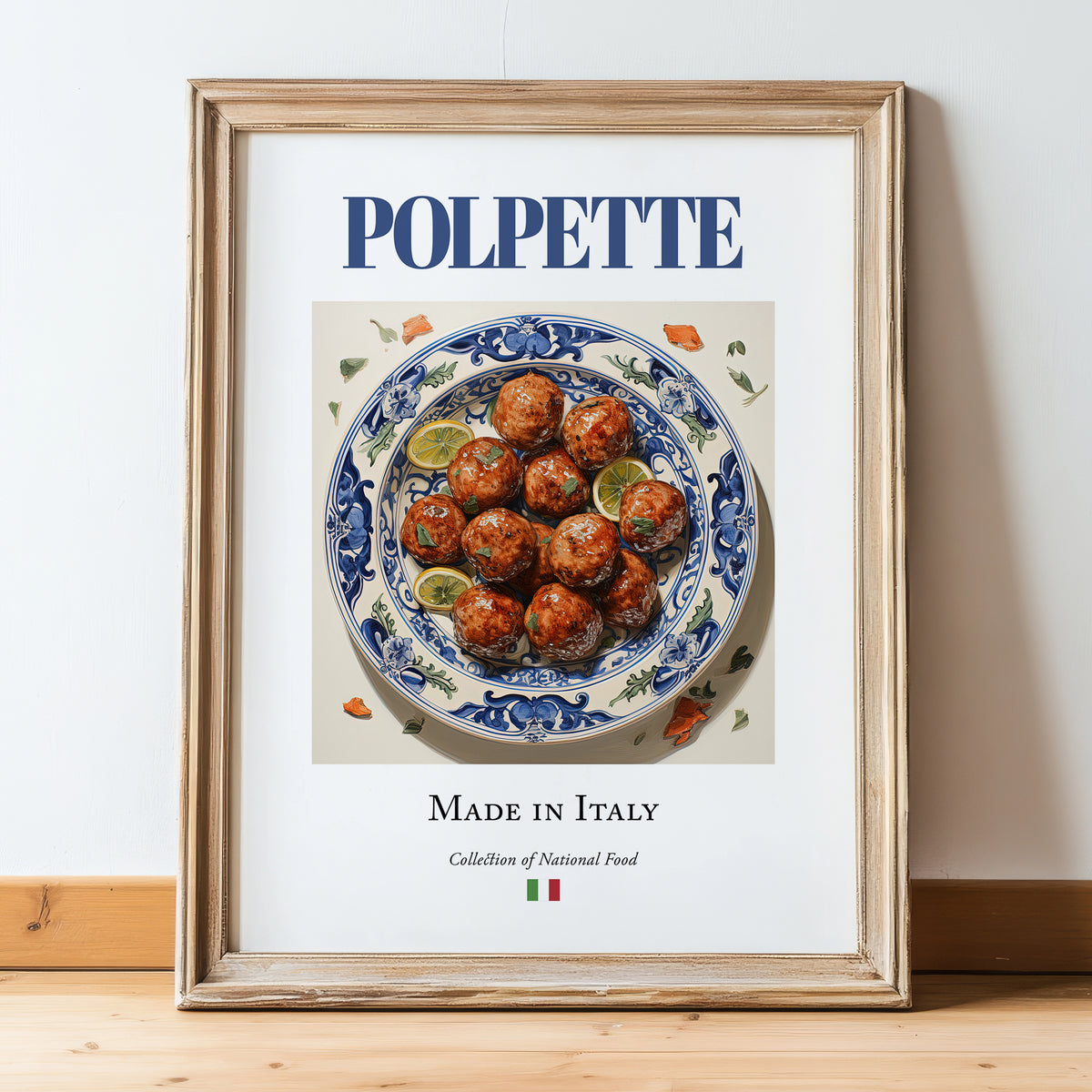 Polpette – Italian Meat Dish, Tavern Wall Decor, in wooden frame leaning on the floor