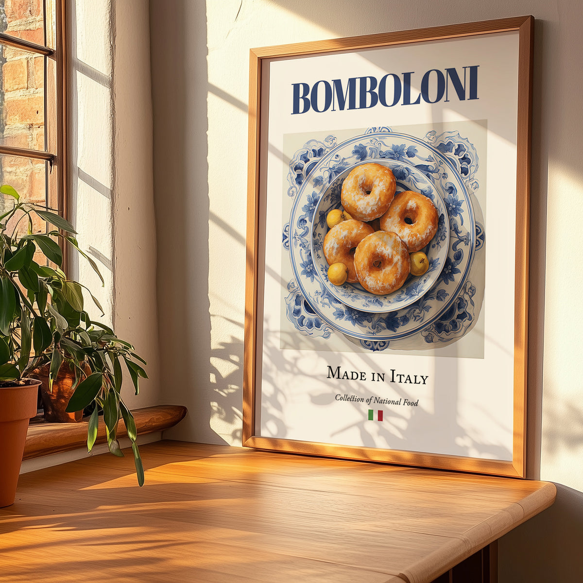 Bomboloni – Italian Dessert Dish, Tavern Print, no-text version framed in wood