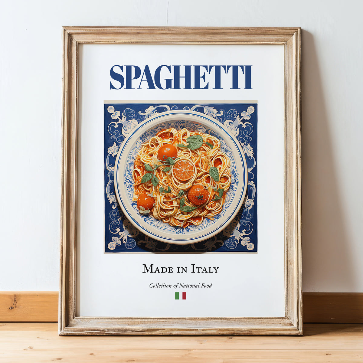 Spaghetti – Italian Pasta, Trattoria Wall Art, in wooden frame leaning on the floor