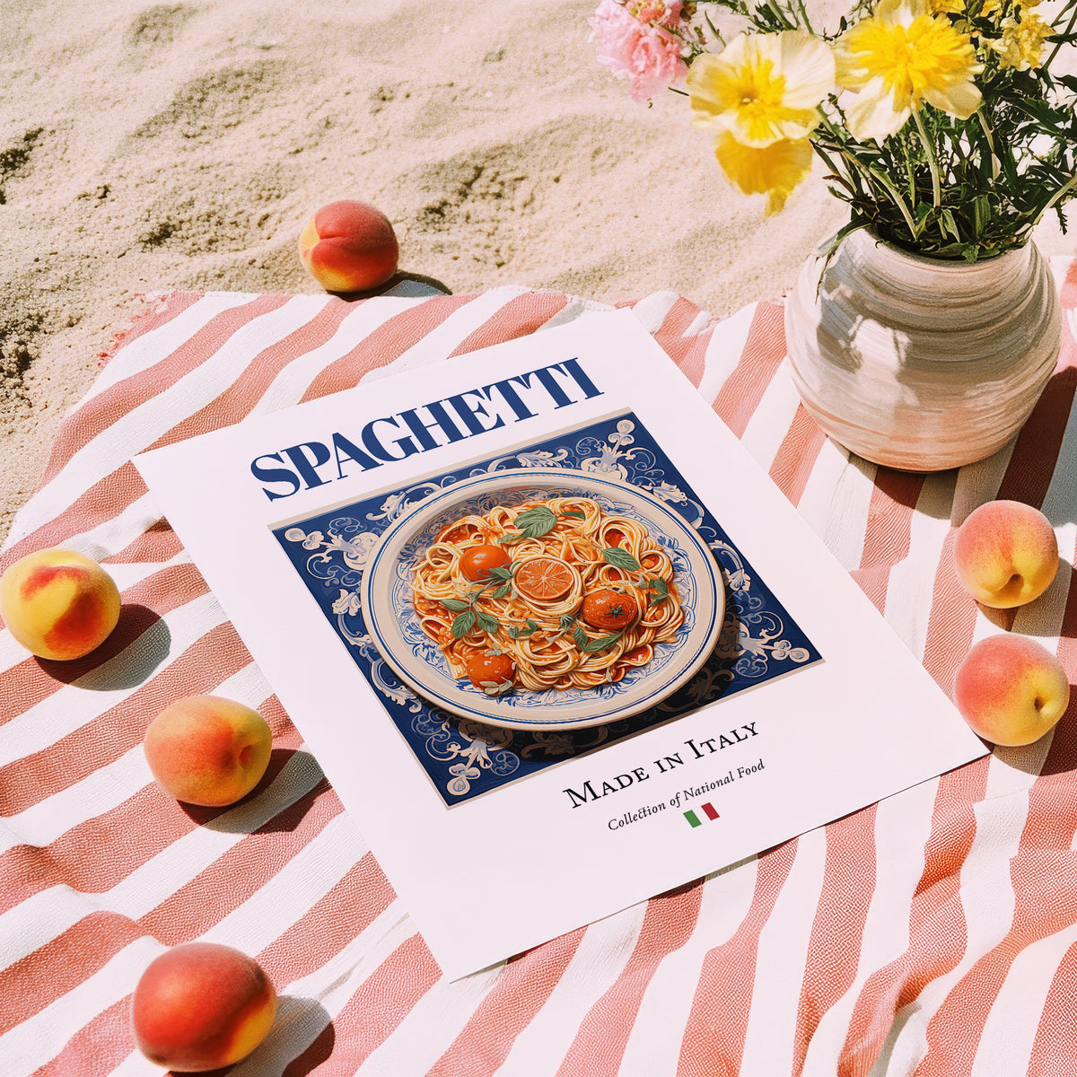 Spaghetti – Italian Pasta, Trattoria Wall Art, unframed on coastal sand