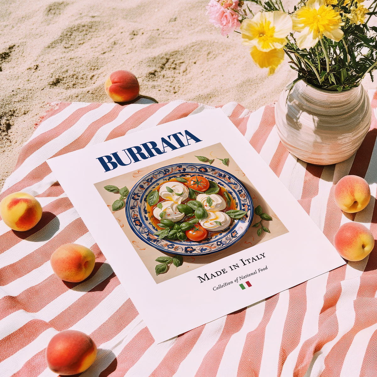 Burrata – Italian Cheese Dish, Tavern Wall Art, unframed on coastal sand