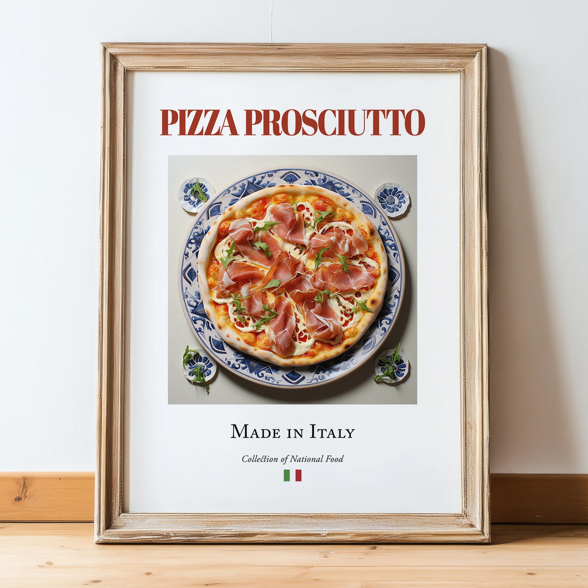 Pizza prosciutto – Italian Pizza, Trattoria Painting, in wooden frame leaning on the floor