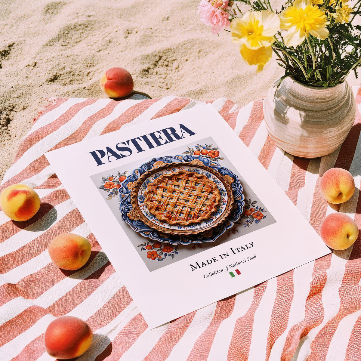 Pastiera – Italian Dessert Dish, Restaurant Illustration, unframed on coastal sand