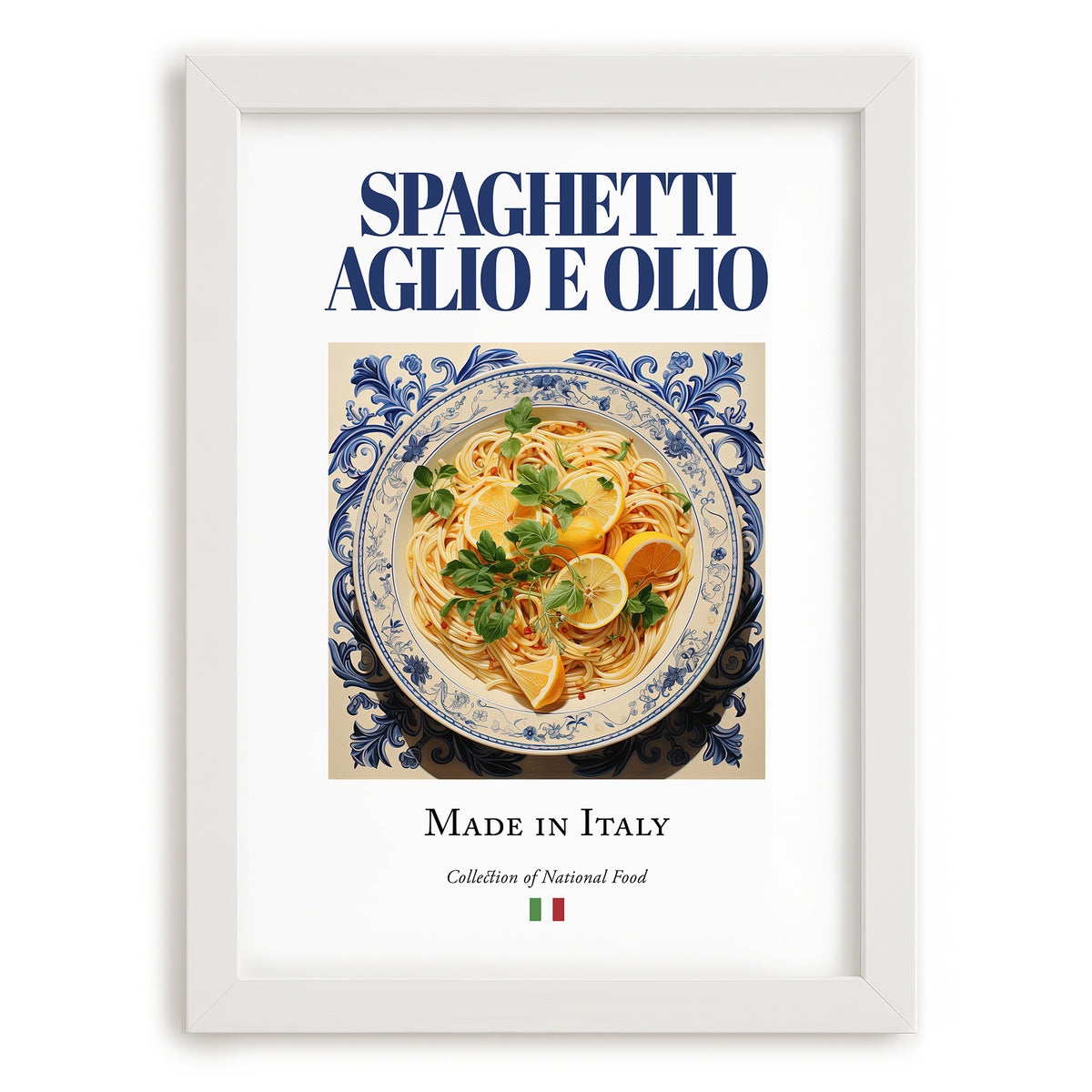 Spaghetti aglio e olio – Italian Pasta, Trattoria Art, placed in minimal white frame
