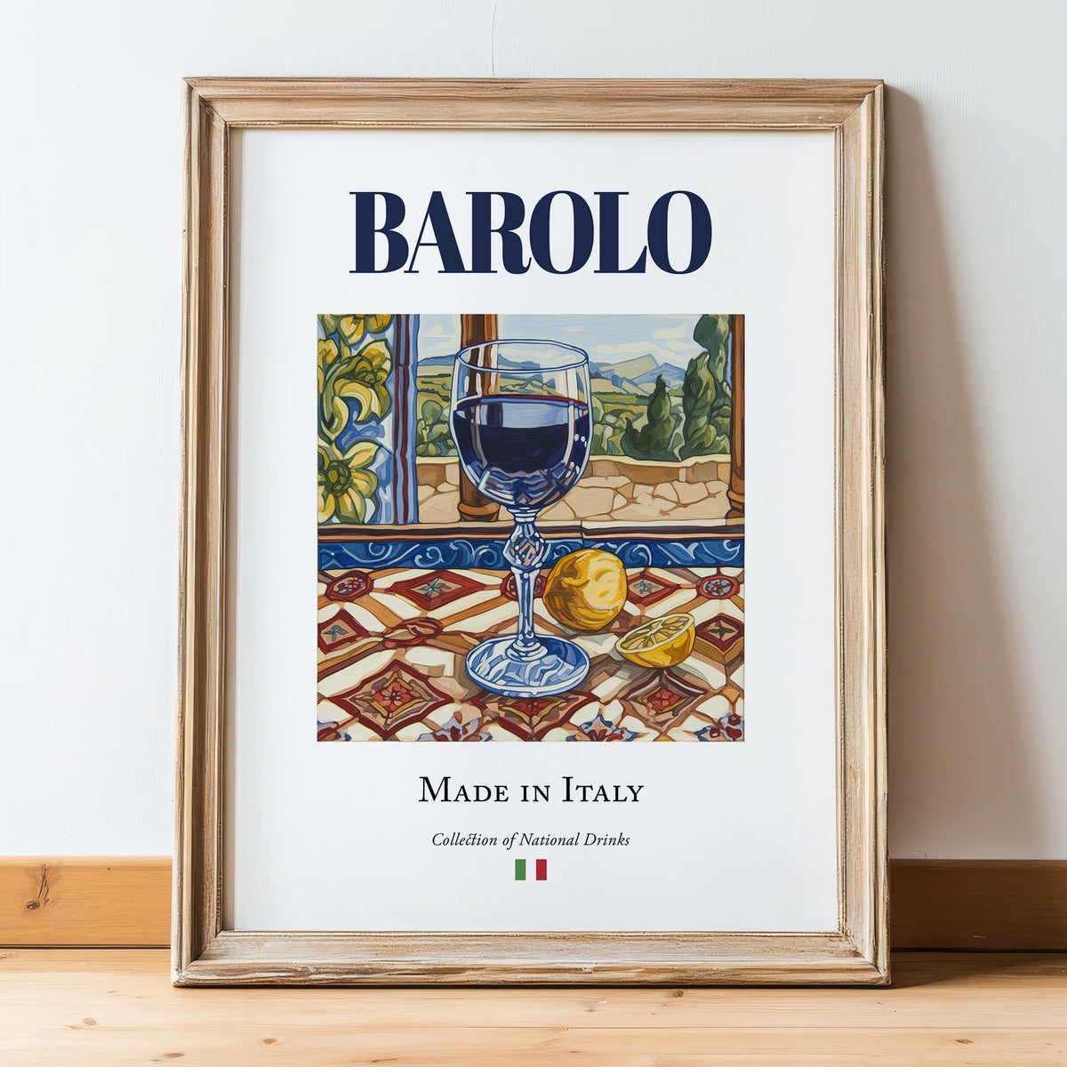 Barolo – Italian Red Wine, Wine Bar Painting, in wooden frame leaning on the floor