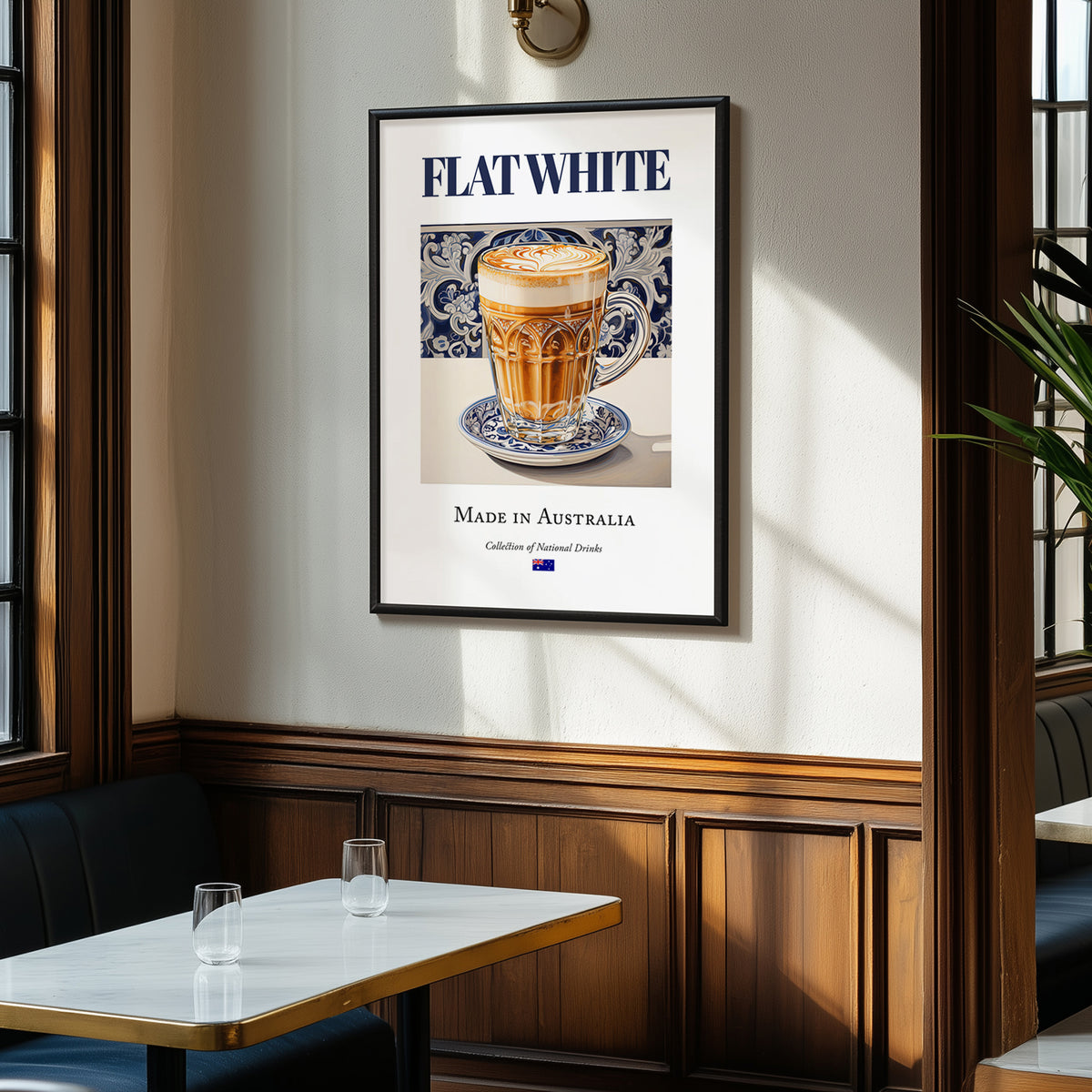 Flat White – Australian Coffee, Street Café Print, clean layout with no caption