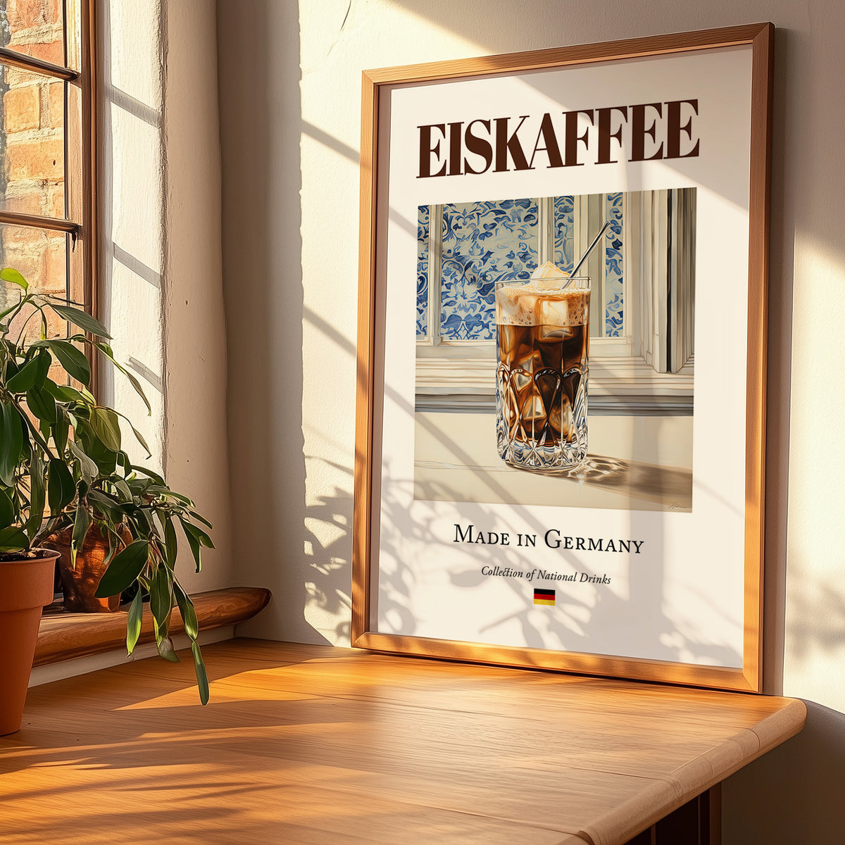 Eiskaffee – German Coffee, Espresso Bar Illustration, no-text version framed in wood