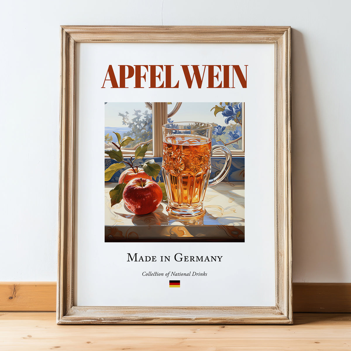 Apfelwein – German Cider Cider, Cider House Poster, in wooden frame leaning on the floor