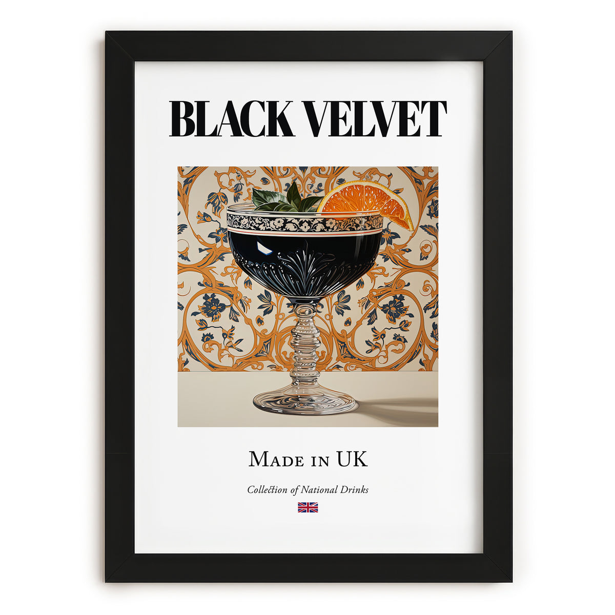 Black Velvet – English Cocktail Drink, Cocktail Lounge Wall Decor, in sleek black frame
