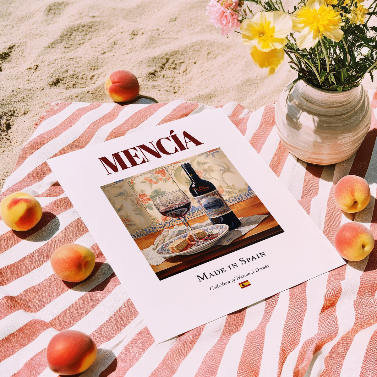 Mencía – Spanish Red Wine, Wine Bar Poster, unframed on coastal sand
