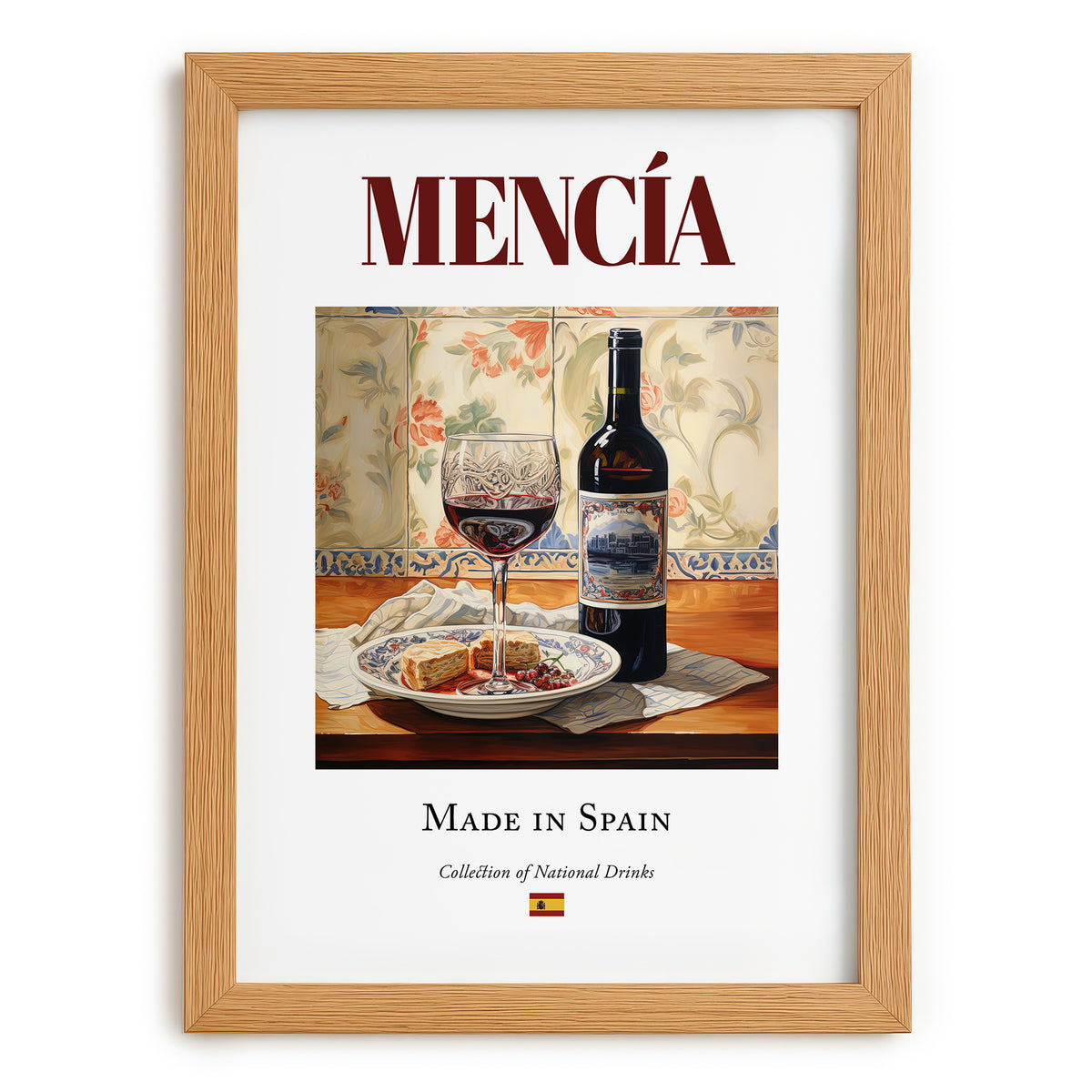 Mencía – Spanish Red Wine, Wine Bar Poster, set in oak frame