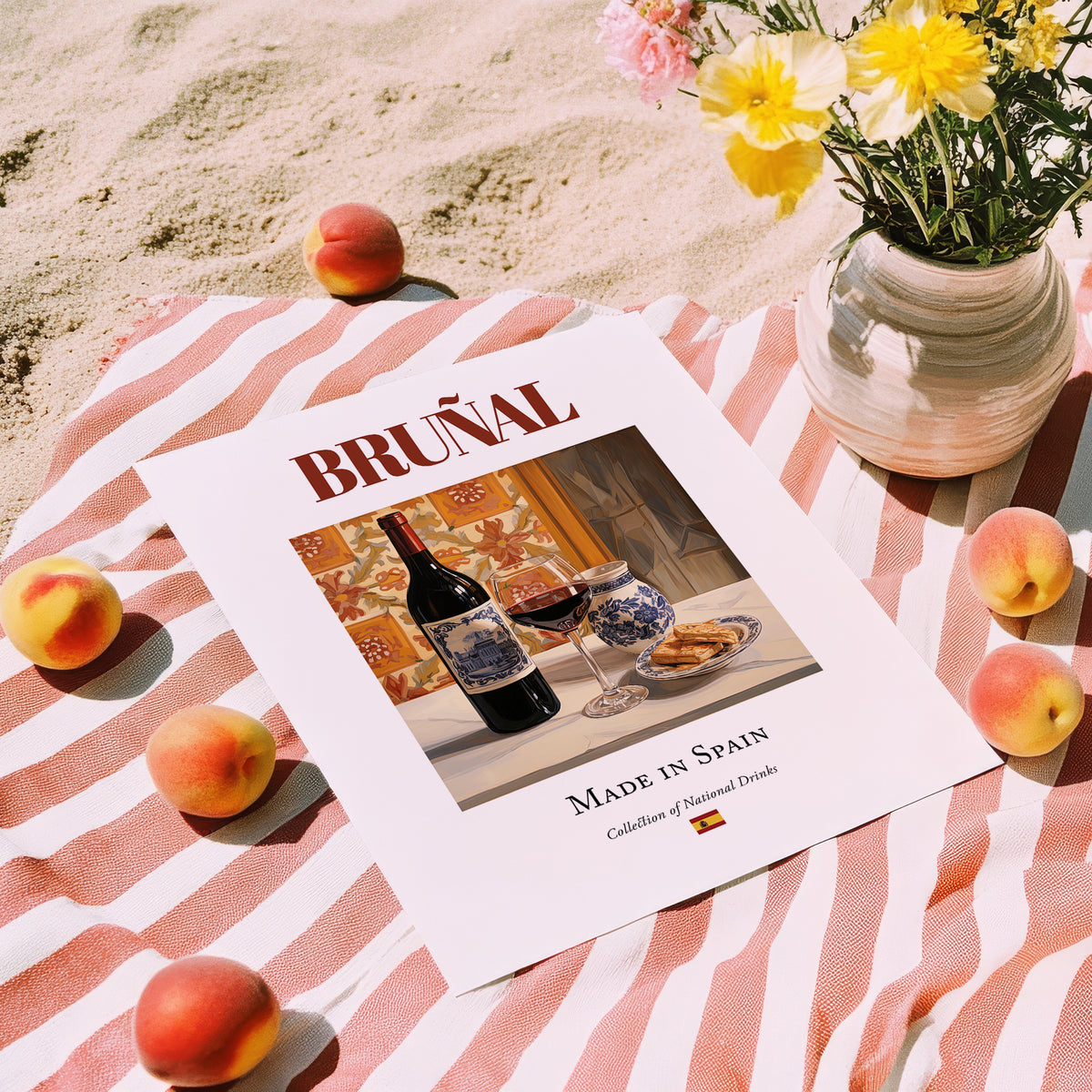 Bruñal – Spanish Red Wine, Vineyard Terrace Wall Decor, unframed on coastal sand