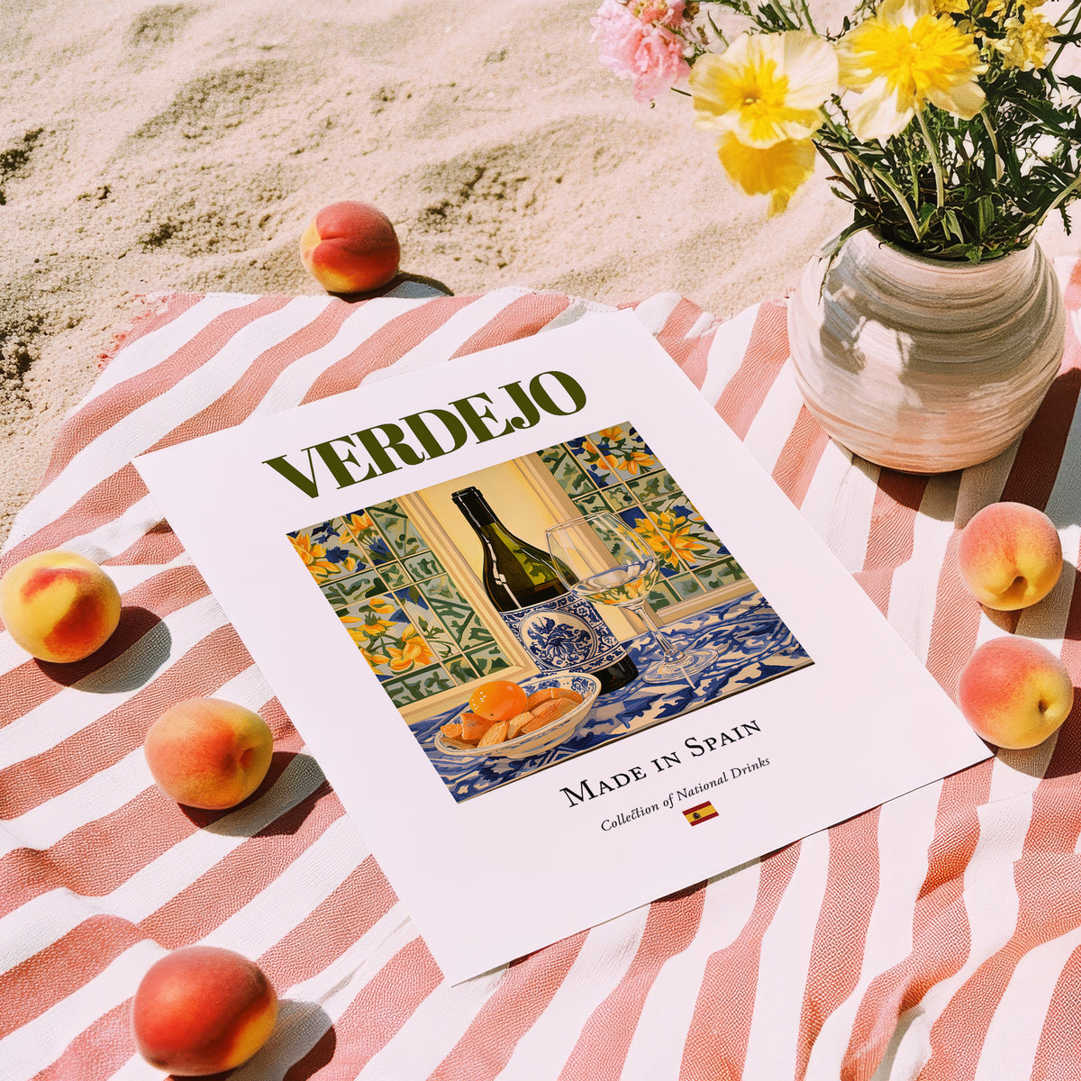 Verdejo – Spanish White Wine, Vinoteca Painting, unframed on coastal sand