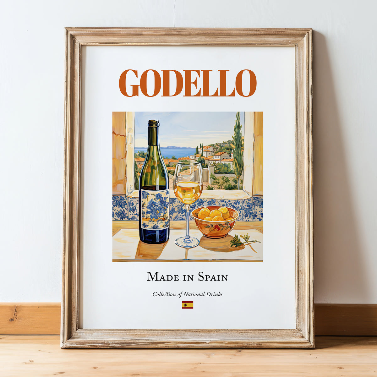Godello – Spanish White Wine, Vinoteca Still Life, in wooden frame leaning on the floor