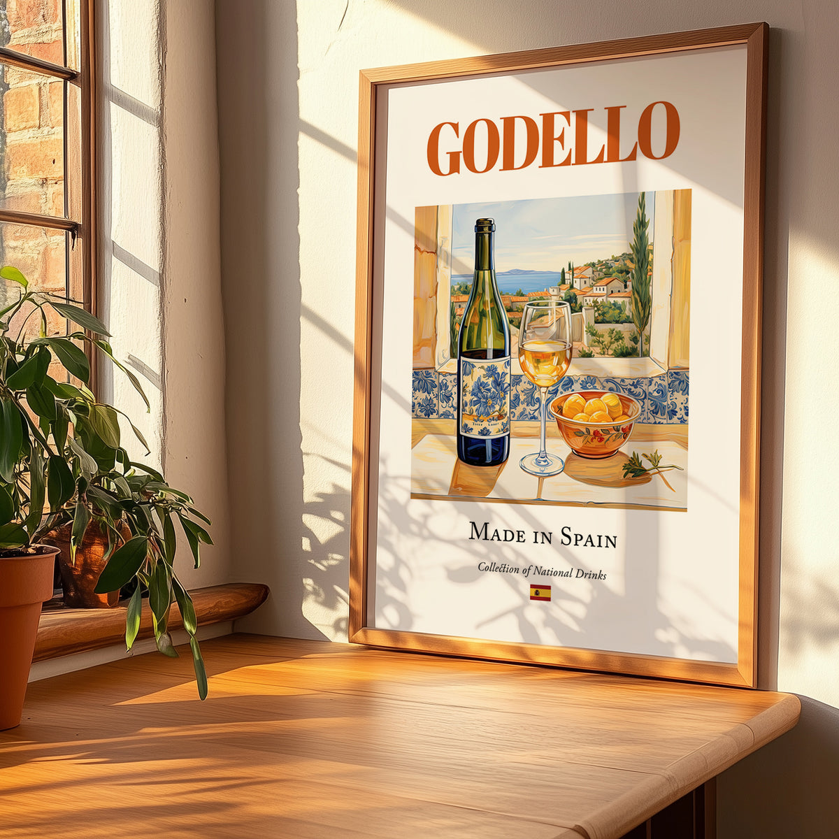 Godello – Spanish White Wine, Vinoteca Still Life, no-text version framed in wood