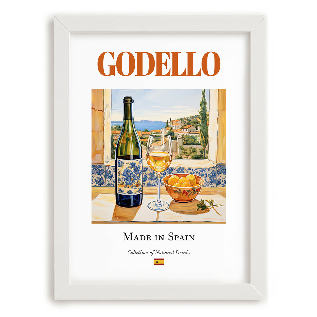 Godello – Spanish White Wine, Vinoteca Still Life, placed in minimal white frame